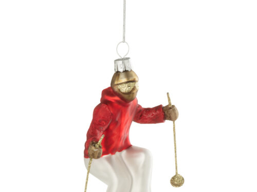 Kerstdecoratie Preerras Glas Wit skiërhanger met rode jas, witte broek en gouden skistokken