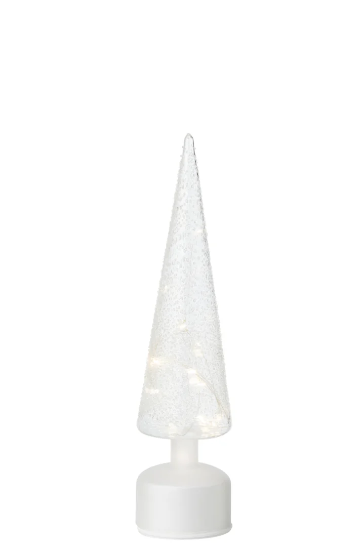 Kunstboom Sasol wit glas met slank silhouet en subtiele lichtjes op witte voet, H38,5 cm