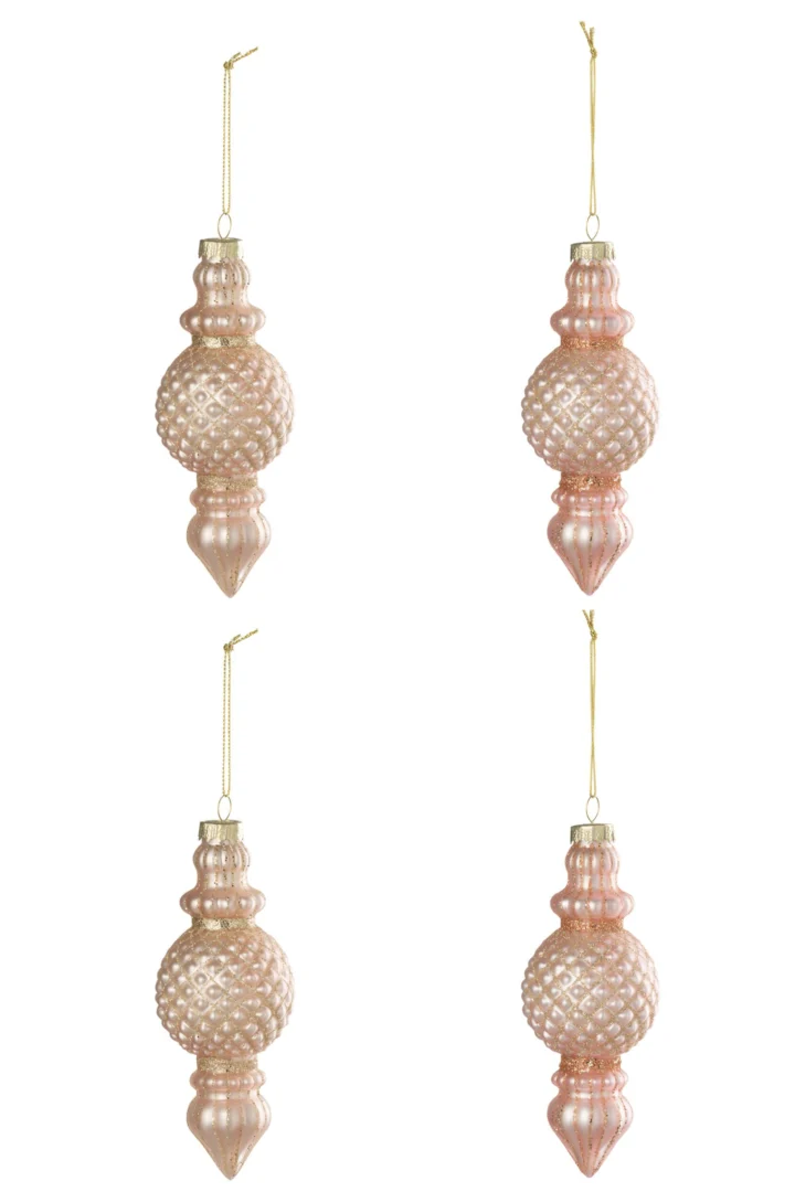 Preemmil glazen kerstballen in roze, set van 4, met goudkleurige details en elegant slank design