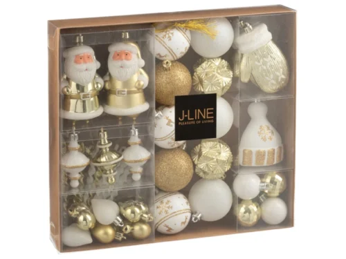 Opbergdoos Mulval kunststof wit met vakken, gevuld met 45 witte en gouden kerstballen en ornamenten