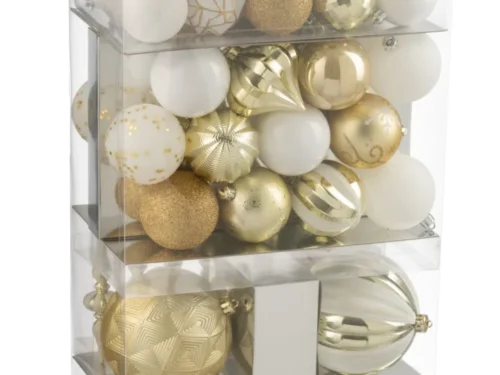 Opbergdoos Klaunnia kunststof wit met transparante vakken en 80 gouden kerstballen voor netjes opbergen