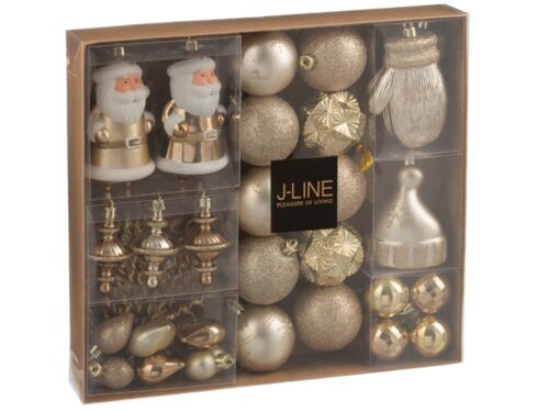 Sennaro opbergdoos beige kunststof, gevuld met goudkleurige kerstdecoratie en Santa ornaments