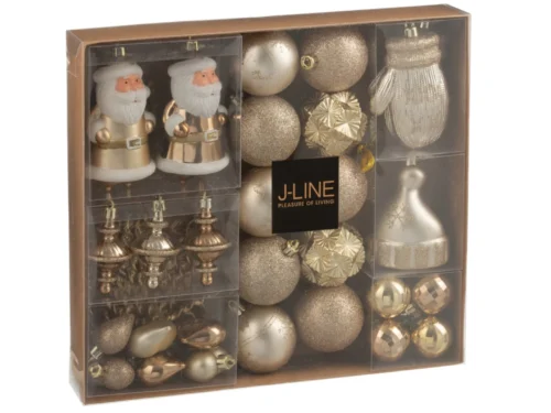 Sennaro opbergdoos beige kunststof, gevuld met goudkleurige kerstdecoratie en Santa ornaments