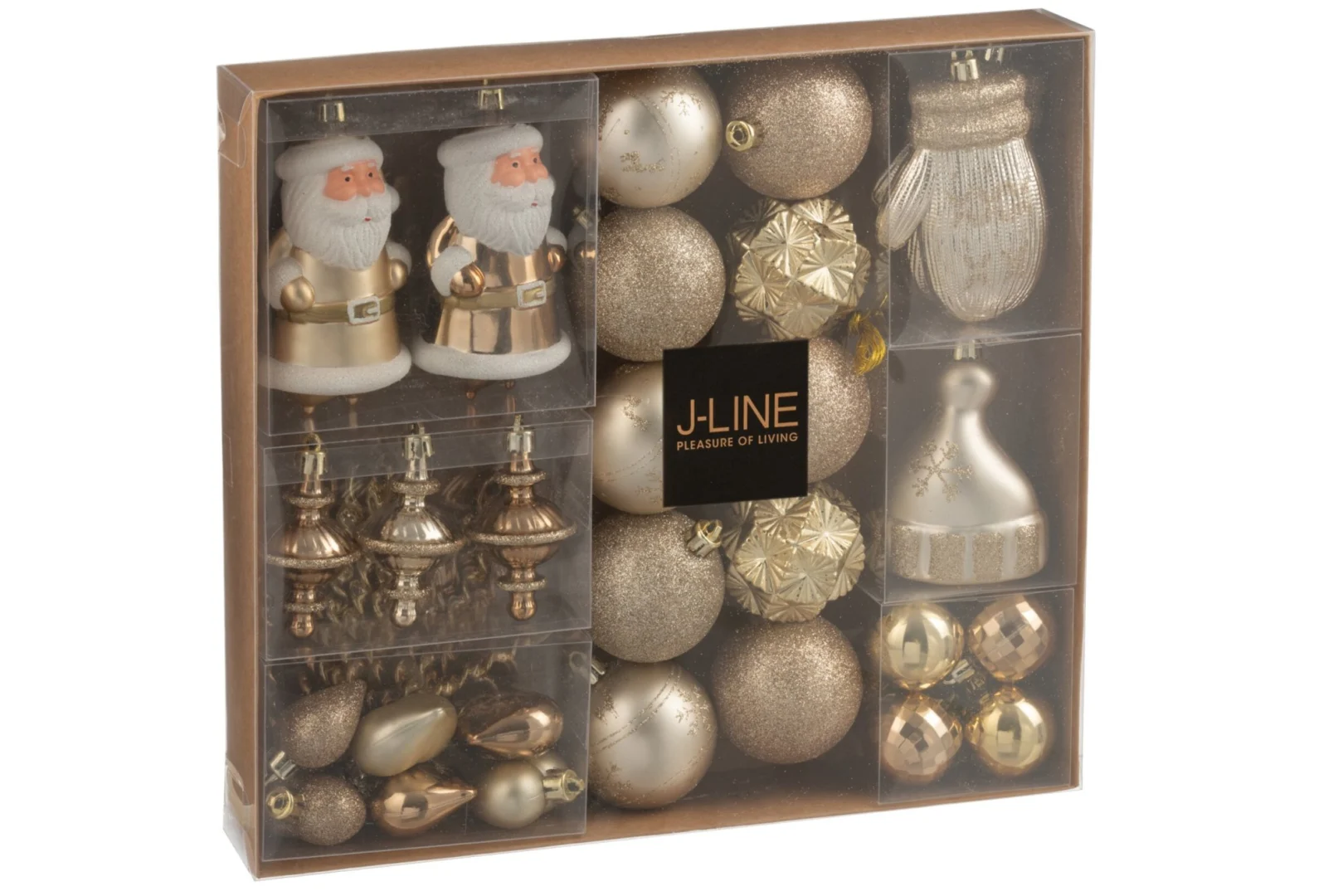 Sennaro opbergdoos beige kunststof, gevuld met goudkleurige kerstdecoratie en Santa ornaments