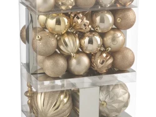 Orinoco beige kunststof opbergdoos met transparant deksel, gevuld met goudkleurige kerstballen