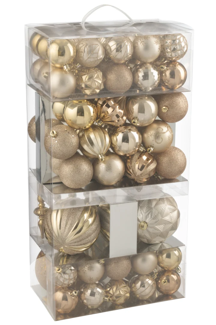 Orinoco beige kunststof opbergdoos met transparant deksel, gevuld met goudkleurige kerstballen