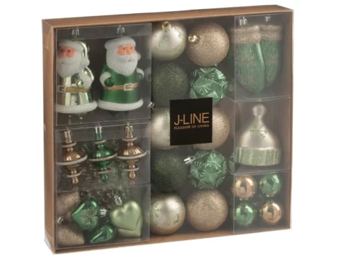 Opbergdoos Suner kunststof groen met 45 kerstballen en kerstfiguren, compact verpakt in transparante doos