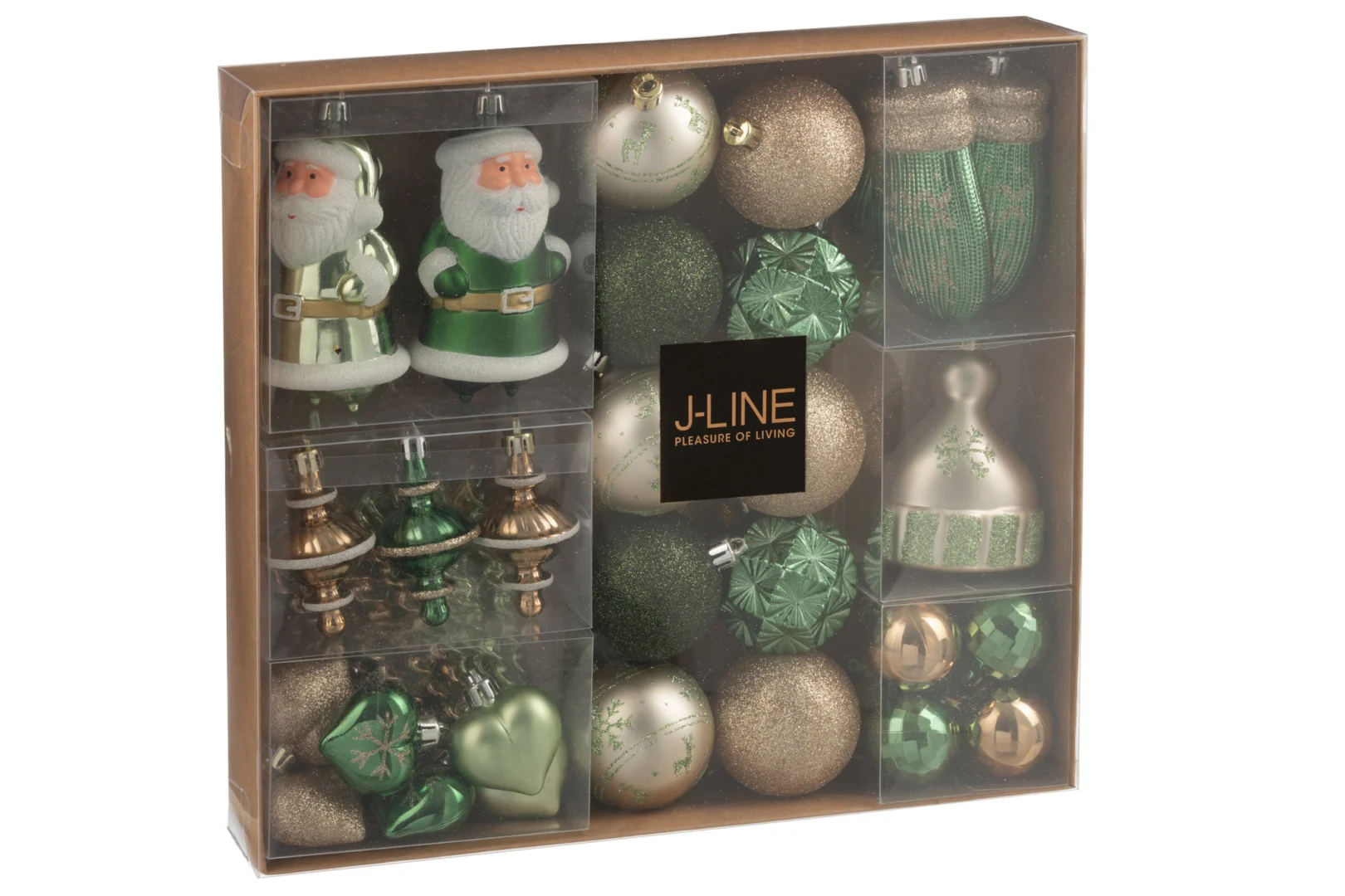 Opbergdoos Suner kunststof groen met 45 kerstballen en kerstfiguren, compact verpakt in transparante doos