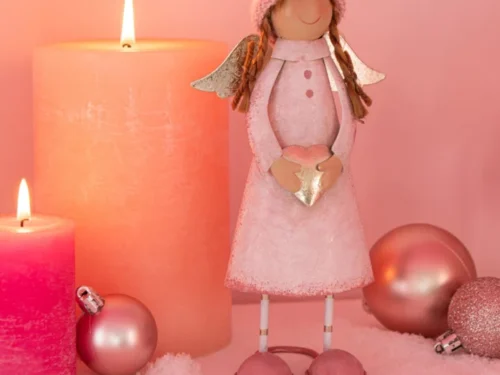 Decoratie Kliebonte Metaal Roze set van 2 met engelvorm, goudaccenten en zachte winterse uitstraling