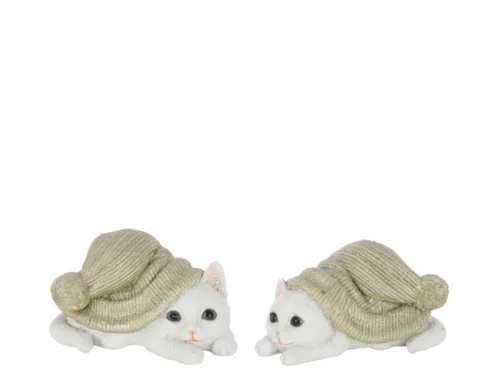 Maallor decoratiefiguren set van 2, groen polyresin, liggende witte katjes met mutsje