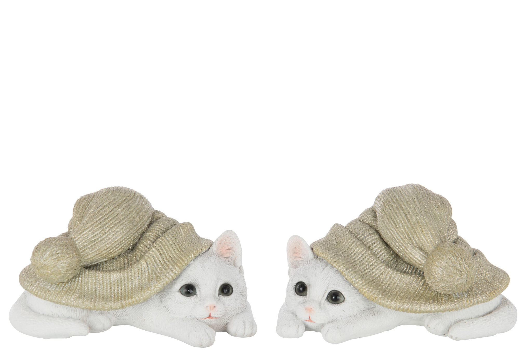 Vauria decoratiefiguren: set van 2 witte kattenbeelden met hoed, gemaakt van polyresin in groen