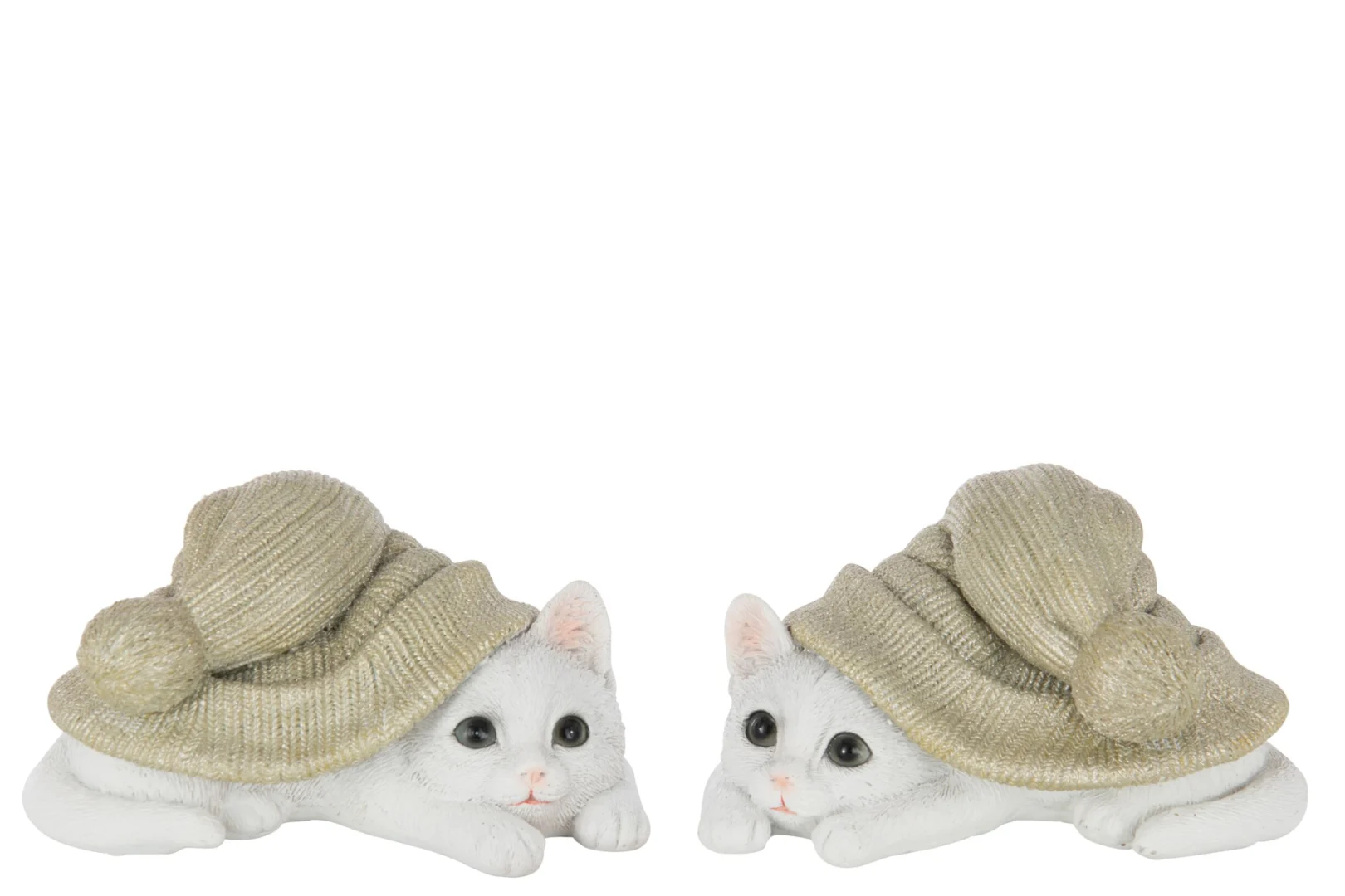 Vauria decoratiefiguren: set van 2 witte kattenbeelden met hoed, gemaakt van polyresin in groen