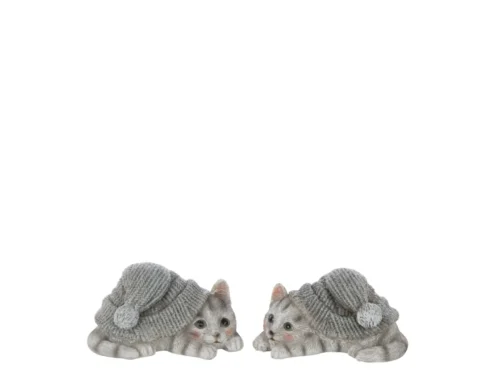 Staton decoratiefiguren set van 2 kattenbeeldjes in blauw polyresin met mutsen en zachte details