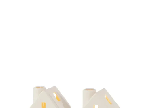 Set van 2 Dintor witte huisvormige LED-vazen van klei, 12,5 cm, met warme lichtvensters