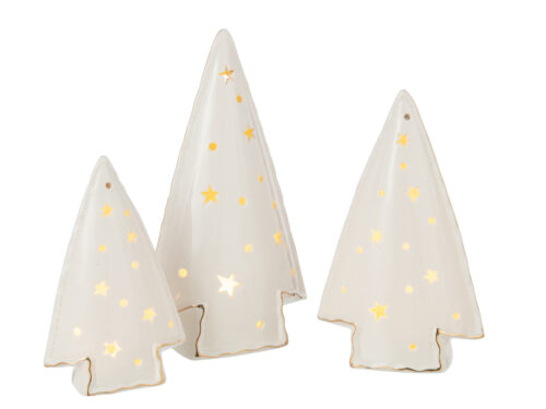 Feeboro witte klei kerstboomset van 3 met gouden ster- en stipdetails, 26,5 cm hoog