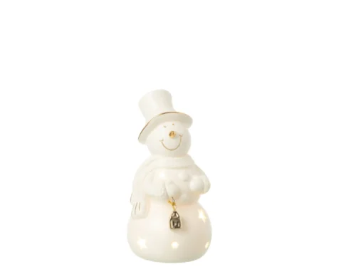 Saubio beige porseleinen sneeuwmanfiguur met LED-verlichting en gouden details, H15 cm
