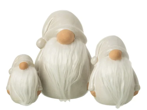 Decoratiefiguur Fondero porselein grijs: drie kabouters met textiele baard in rustige winterlook