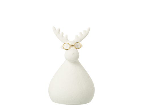 Wit porseleinen rendierbeeldje Dieno met gouden bril, decoratief woonaccessoire H17 cm