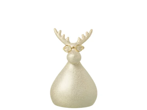 Decoratiefiguur Fesum goud porselein rendier met bril, H17 cm, winterse woonaccessoire