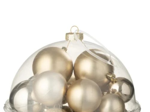 Opbergdoos Griekis champagne met 24 kunststof kerstballen in een transparante ronde doos