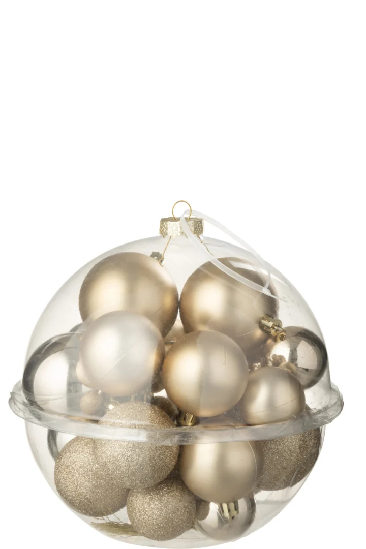 Opbergdoos Griekis champagne met 24 kunststof kerstballen in een transparante ronde doos