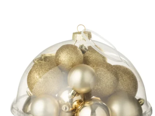 Opbergdoos Guntine met 24 goudkleurige kunststof kerstballen in transparante opbergdoos met lint