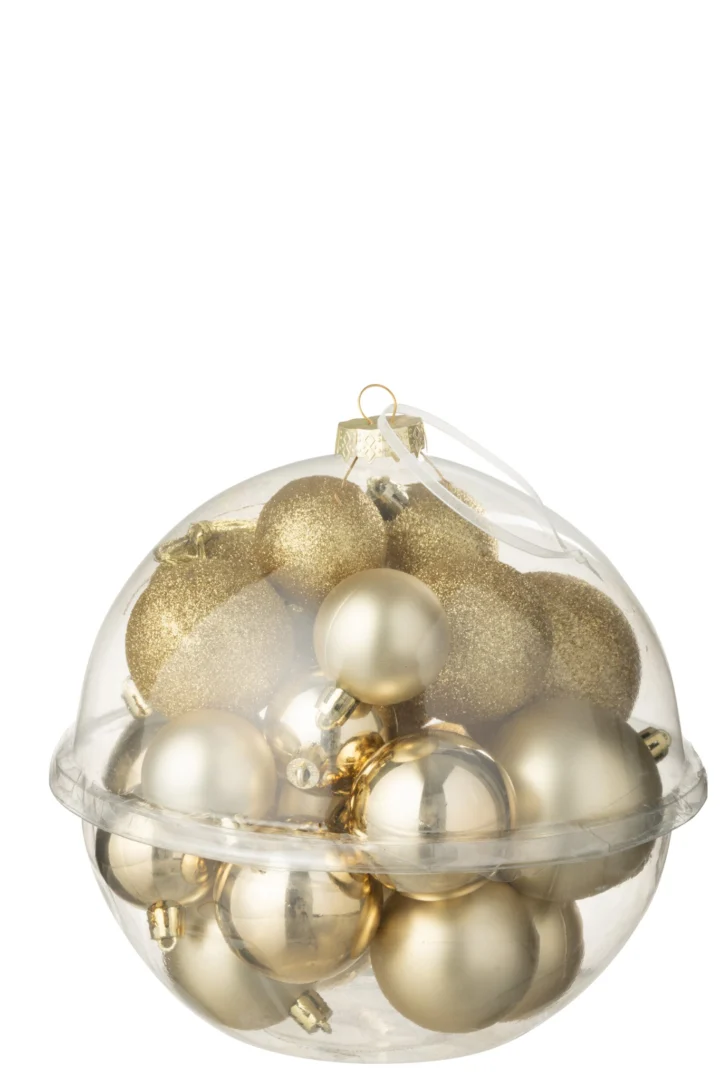 Opbergdoos Guntine met 24 goudkleurige kunststof kerstballen in transparante opbergdoos met lint