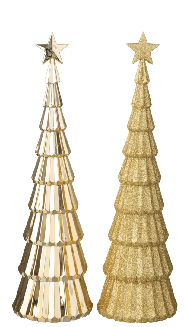 Prornund kunstboom set van 2 in goud, glanzend en glitterend kunststof, H38 cm decoratie met stertopper
