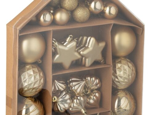 Skaulis opbergdoos met 50 goudkleurige kunststof kerstballen en luxe kerstdecoratie in huisvorm