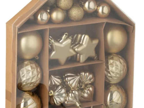 Skaulis opbergdoos met 50 goudkleurige kunststof kerstballen en luxe kerstdecoratie in huisvorm