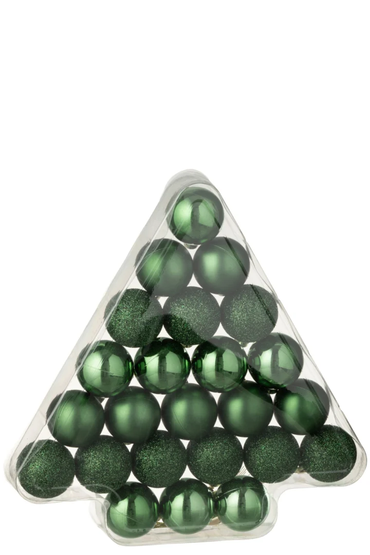 Opbergdoos Alicante kunststof groen met 24 kerstballen, feestelijk verpakt in boomvorm, smaragdgroen