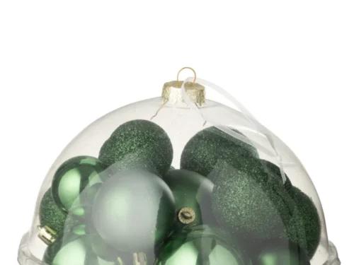 Opbergdoos Roald kunststof groen met 24 emeraldgroene kerstballen in een transparante ronde doos