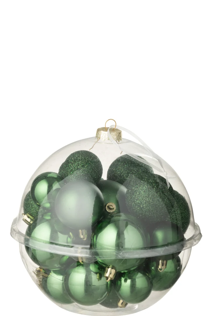 Opbergdoos Roald kunststof groen met 24 emeraldgroene kerstballen in een transparante ronde doos