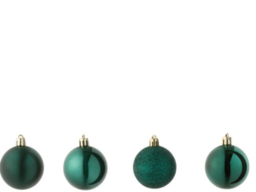 Feilve kunststof groene opbergdoos met vier glanzende kerstballen voor compacte decoratie-opslag