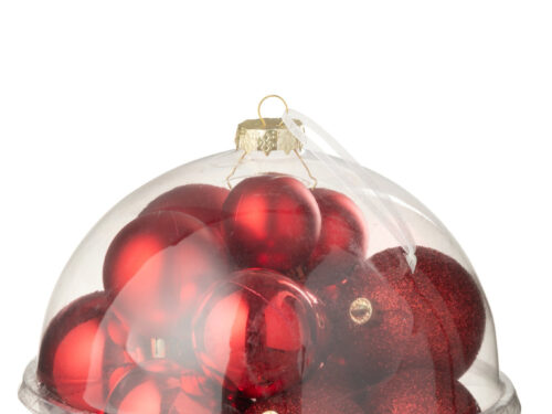 Transparante Skonsal opbergdoos met rode kunststof kerstballen, compact en licht, 20 x 20 x 20 cm