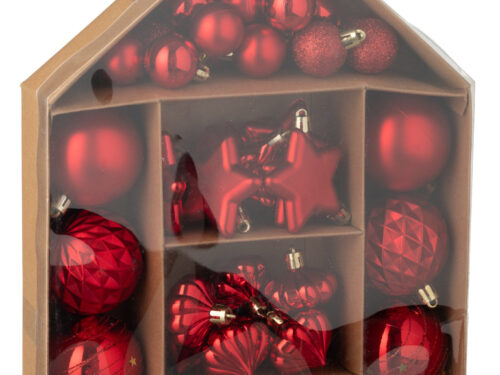 Opbergdoos Loppersum met 50 rode kunststof kerstballen en diverse glanzende afwerkingen, huisvormige verpakking