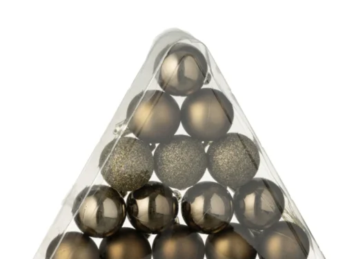 Brermi Kunststof Bruin: 24 bruine kerstballen in transparante boomvormige opbergdoos, glans en glitterafwerking