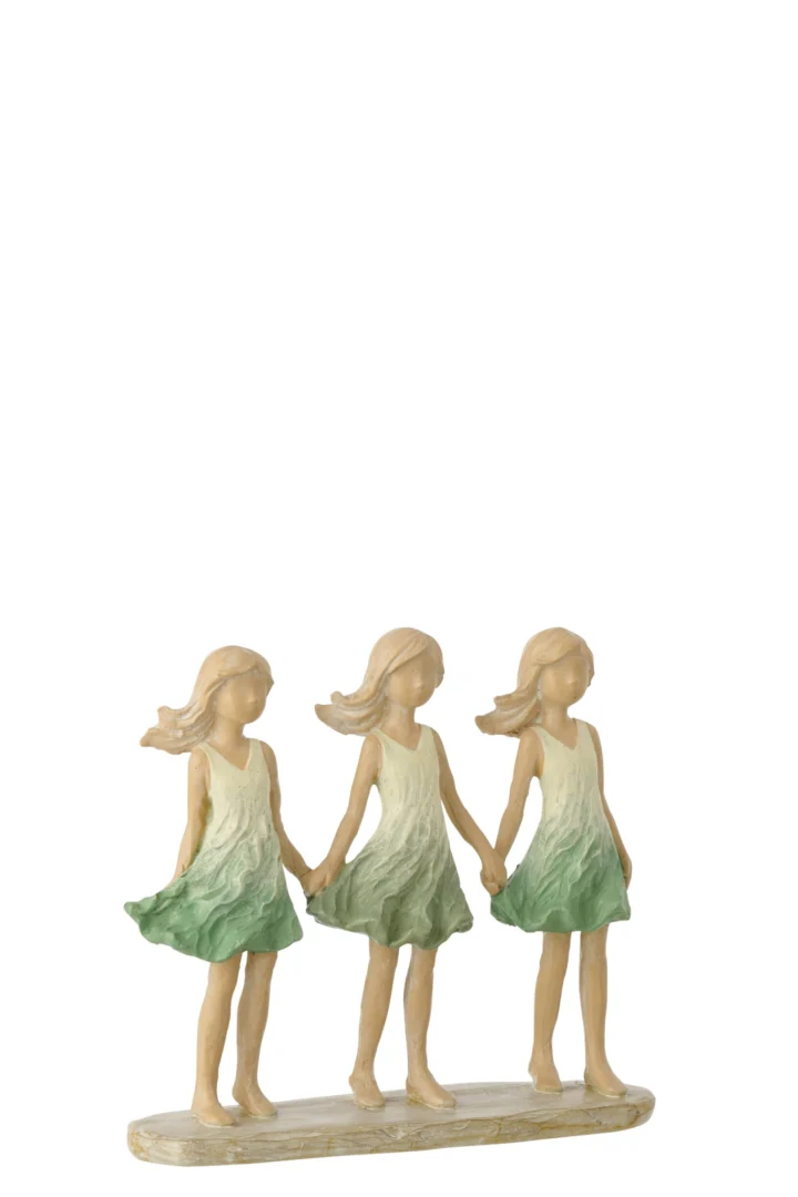 Beeld Troolda polyresin groen, drie meisjes op sokkel, 16,5 cm hoog, sfeervol woonaccessoire