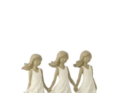 Beeld Maaku polyresin wit: drie meisjes in witte jurk op voet, stijlvol en compact woonaccessoire H16,5 cm