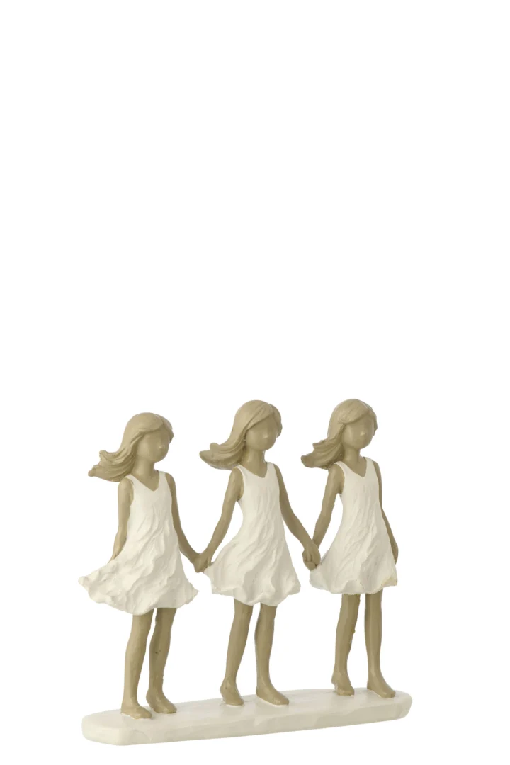 Beeld Maaku polyresin wit: drie meisjes in witte jurk op voet, stijlvol en compact woonaccessoire H16,5 cm