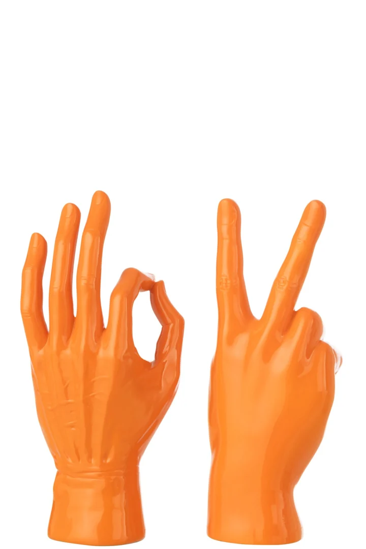 Hemira oranje polyresin beeldenset van 2, 36 cm hoog, slanke handvormige woonaccessoires