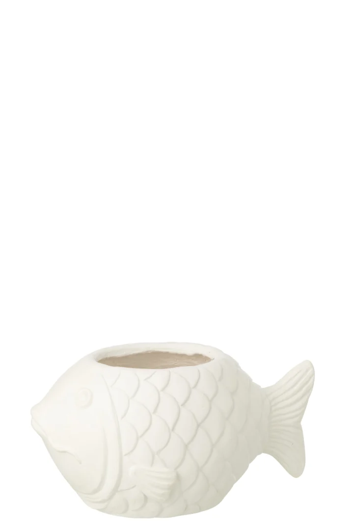 Bloempot Staasura Wit H18,5 cm in visvorm met reliëf, witte afwerking en stevige decoratieve look