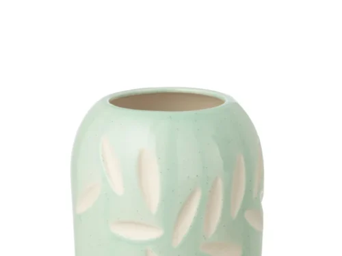 Vaas Daaven porselein blauw met subtiel reliëf, compact model van 20 cm hoog voor stijlvol interieur