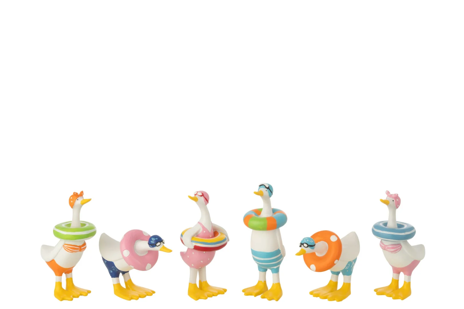 Decoratiefiguur Nootello set van 6 meerkleurige polyresin eenden met zwembandjes, speelse woonaccessoires