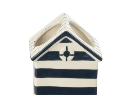 Teeskaro porseleinen bloempot blauw, huisvorm met gestreept design en H20,5 cm compact formaat