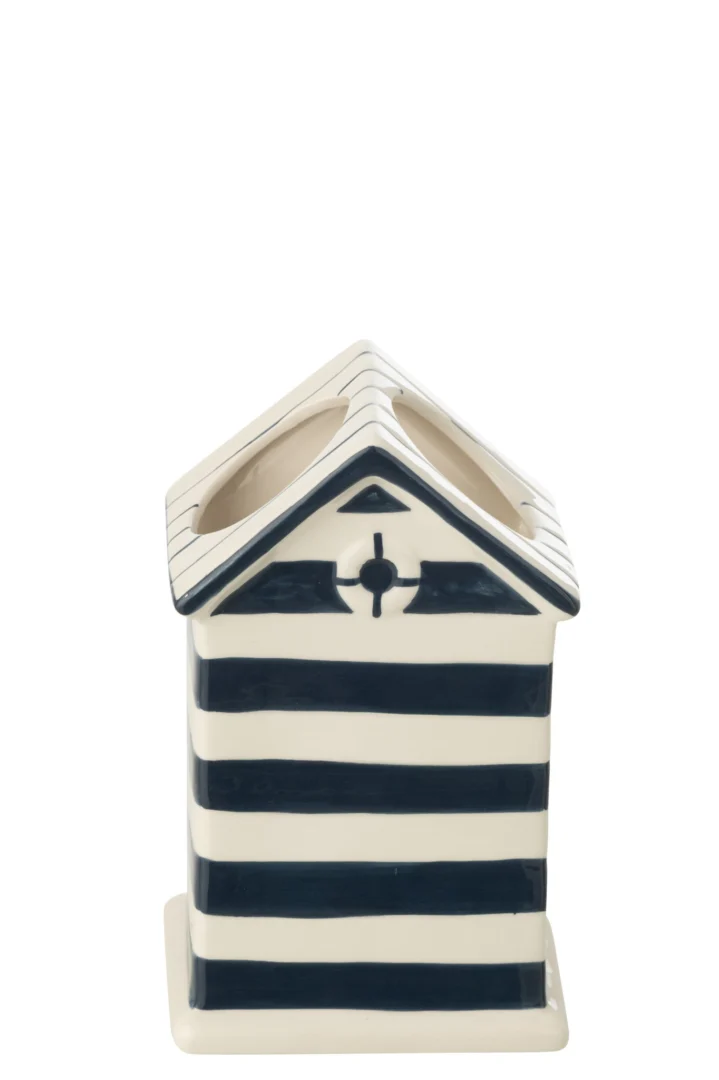 Teeskaro porseleinen bloempot blauw, huisvorm met gestreept design en H20,5 cm compact formaat