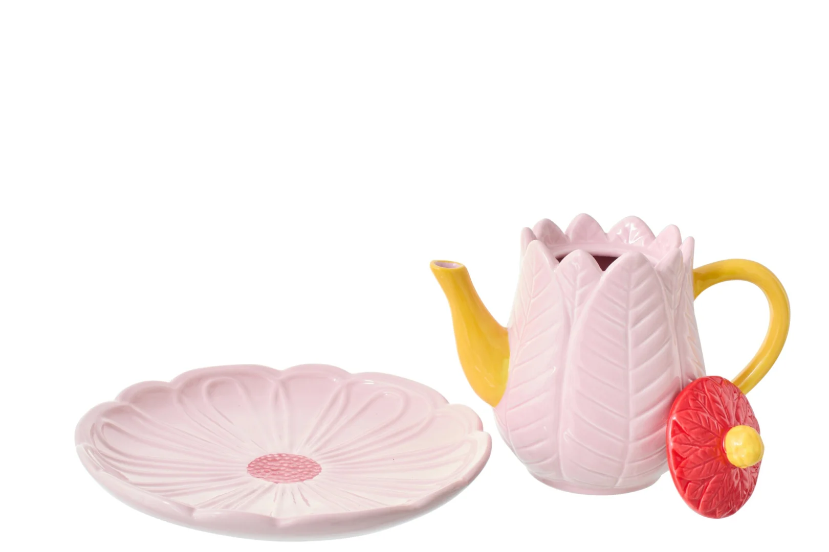 Bord Treeltino roze porselein met bloemvorm, geserveerd naast gele theepot en rood detail