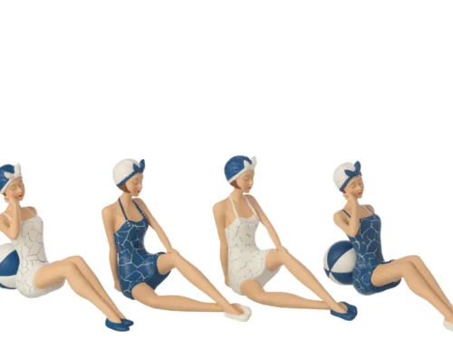 Beeld Prunnang polyresin set van 4 zittende dames in blauw-witte badkleding, 17 cm hoog