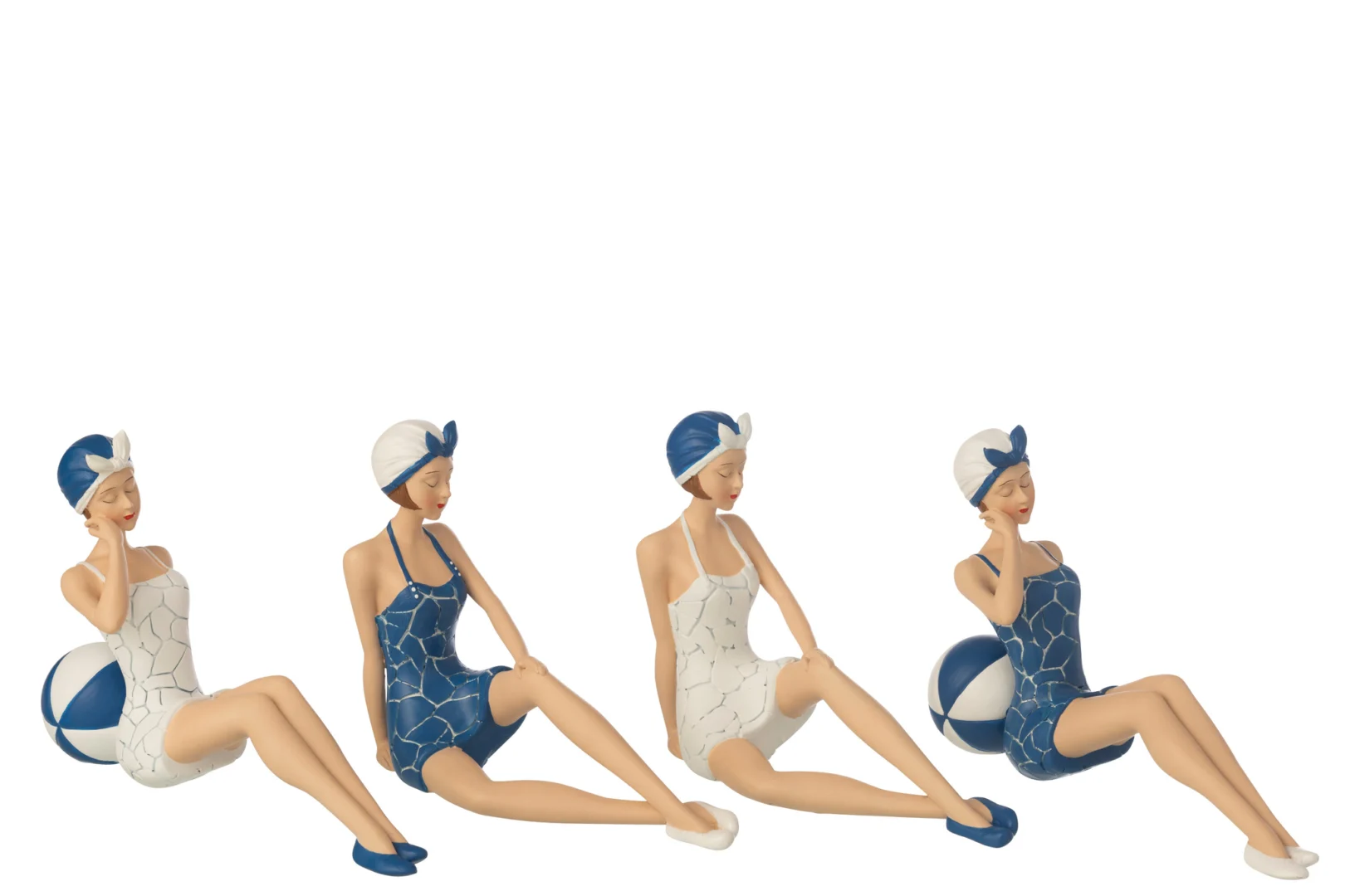 Beeld Prunnang polyresin set van 4 zittende dames in blauw-witte badkleding, 17 cm hoog