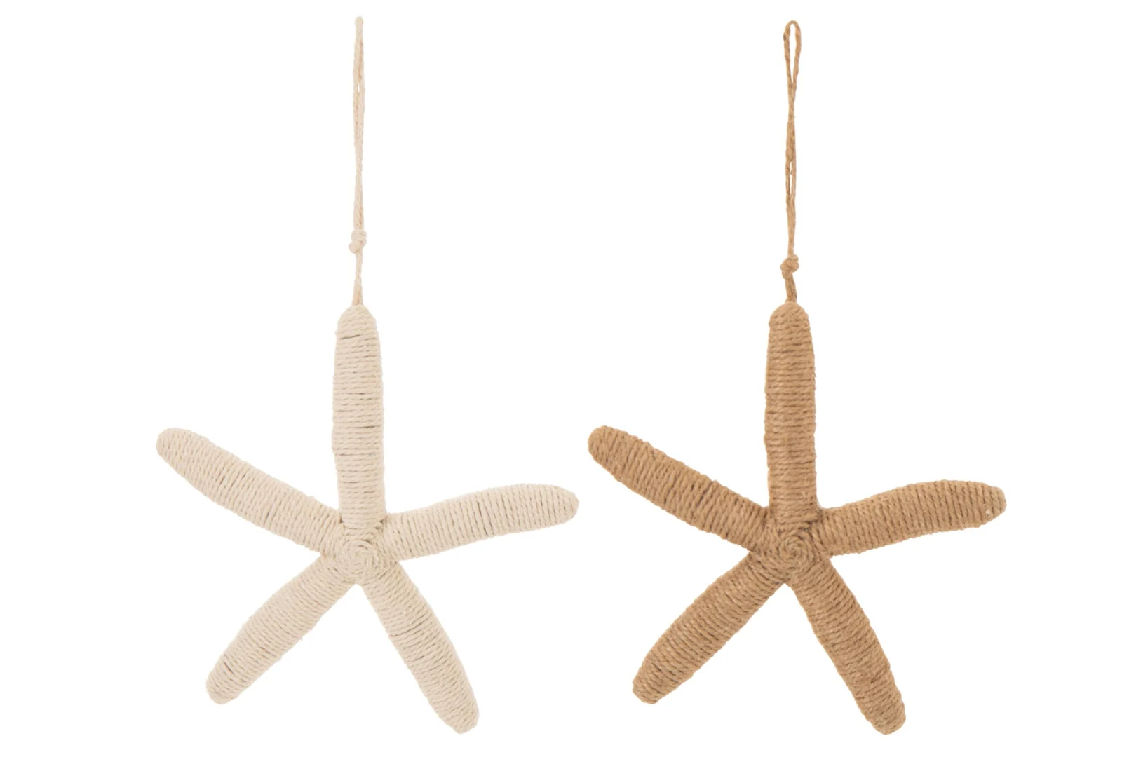Decoratiehanger Fleikek set van 2 stervormig polyresin met touw, wit en naturel